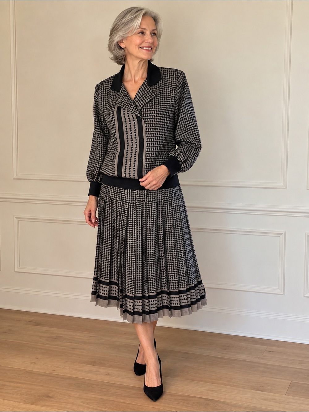Vintage Nu-Mode Toronto 2-Piece Houndstooth Jacket & Pleated Skirt Size 12